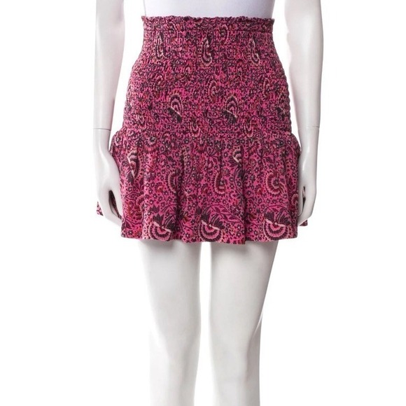 A.L.C. Kade Silk Crepe Smocked Paisley Tiered Ruffle Mini Skirt Country Brick 2 - Picture 2 of 7